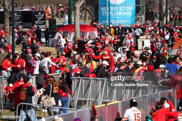 People leave the area following a shooting at Union Station during the Kansas City Chiefs Super Bowl LVIII victory parade on February 14, 2024 in...