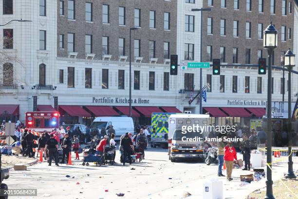 Law enforcement and medical personnel respond to a shooting at Union Station during the Kansas City Chiefs Super Bowl LVIII victory parade on...