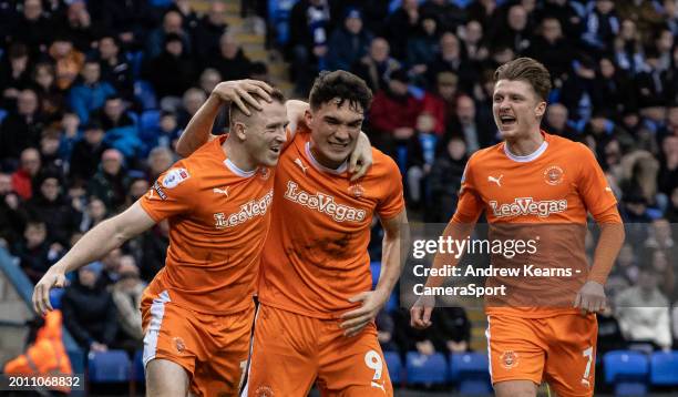 Blackpool's Shayne Lavery celebrates scoring his side's first goal with team mates Kyle Joseph and George Byers during the Sky Bet League One match...