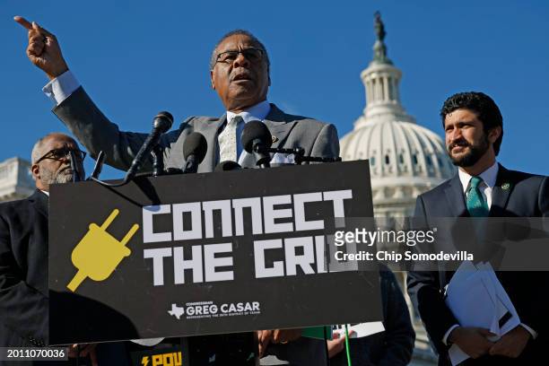 Rep. Emanuel Cleaver joins Rep. Troy Carter and Rep. Greg Casar for a news conference outside the U.S. Capitol to support proposed legislation to...