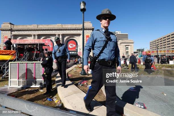 Law enforcement responds to a shooting at Union Station during the Kansas City Chiefs Super Bowl LVIII victory parade on February 14, 2024 in Kansas...