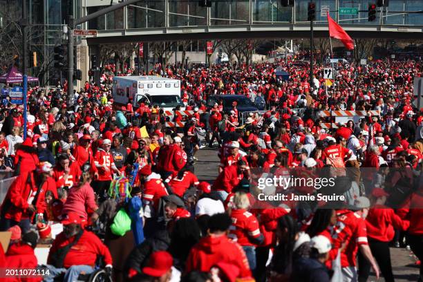 People leave the area following a shooting at Union Station during the Kansas City Chiefs Super Bowl LVIII victory parade on February 14, 2024 in...