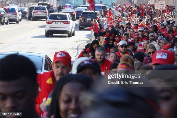 People leave the area following a shooting at Union Station during the Kansas City Chiefs Super Bowl LVIII victory parade on February 14, 2024 in...