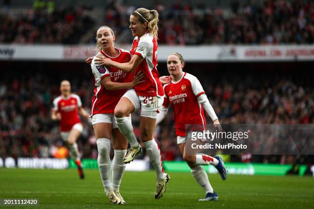 Cloe Lacasse of Arsenal is celebrating after Manchester United scored an own goal to open the scoring during the Barclays FA Women's Super League...