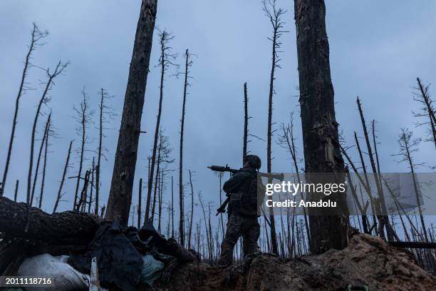 Ukrainian infantryman fires with an RPG from an infantry position as Russia-Ukraine war continues in the direction of Kreminna, in Donetsk Oblast,...