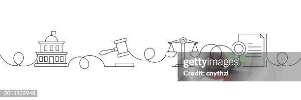 illustrations, cliparts, dessins animés et icônes de concept continu de dessin d’une ligne d’icônes de loi et de justice. illustration vectorielle d’une seule ligne. - malfaiteur
