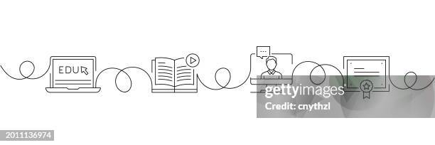 continuous one line drawing online education icons concept. single line vector illustration. e-learning, e-book, online teaching, diploma. - continuous-learning-icon stock illustrations