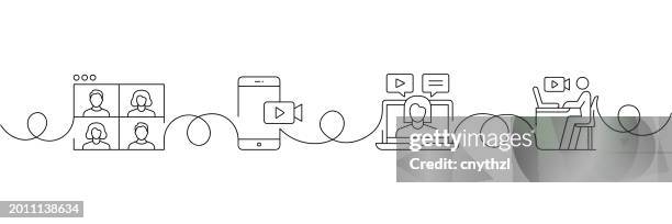 continuous one line drawing online meeting icons concept. single line vector illustration. hybrid work, internet, connection, mobile app. - continuous-learning-icon stock illustrations