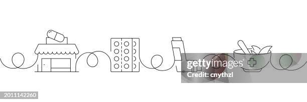 continuous one line drawing pharmacy icons concept. single line vector illustration. pharmacist, medicine pills, herbal medicine, inhaler. - pharmacy counter stock illustrations