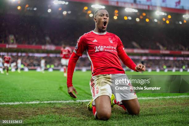 Callum Hudson-Odoi of Nottingham Forest celebrates his late goal during the Premier League match between Nottingham Forest and West Ham United at...