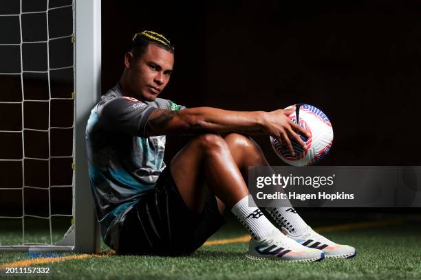 Youstin Salas poses during a Wellington Phoenix A-League Player Signing Announcement & Training Session at NZCIS on February 15, 2024 in Wellington,...