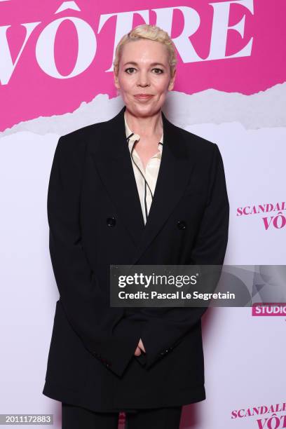 Olivia Colman attends the "Wicked Little Letters - Scandaleusement Votre" Paris Premiere At Drugstore Publicis Cinema on February 14, 2024 in Paris,...