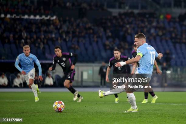Ciro Immobile of SS Lazio scores his team's first goal from the penalty-spot during the UEFA Champions League 2023/24 round of 16 first leg match...