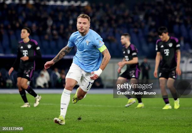 Ciro Immobile of SS Lazio celebrates after scoring his team's first goal from the penalty-spot during the UEFA Champions League 2023/24 round of 16...