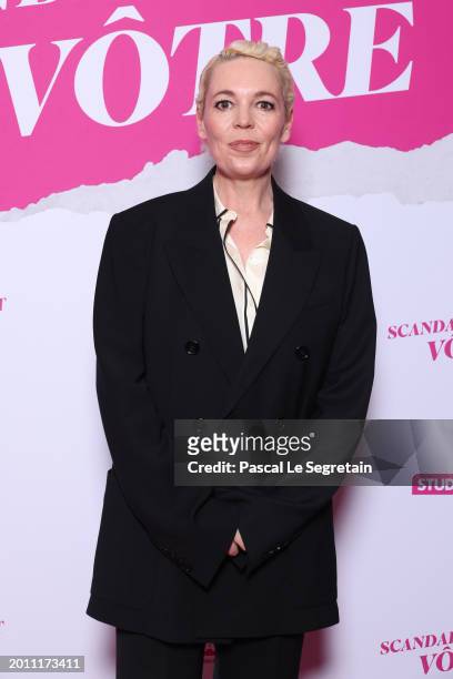 Olivia Colman attends the "Wicked Little Letters - Scandaleusement Votre" Paris Premiere At Drugstore Publicis Cinema on February 14, 2024 in Paris,...