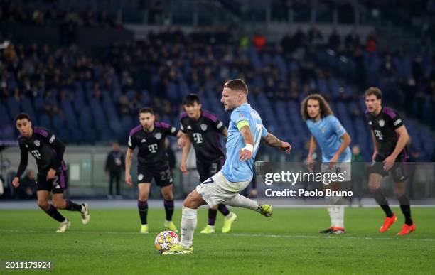 Ciro Immobile of SS Lazio scores his team's first goal from the penalty-spot during the UEFA Champions League 2023/24 round of 16 first leg match...