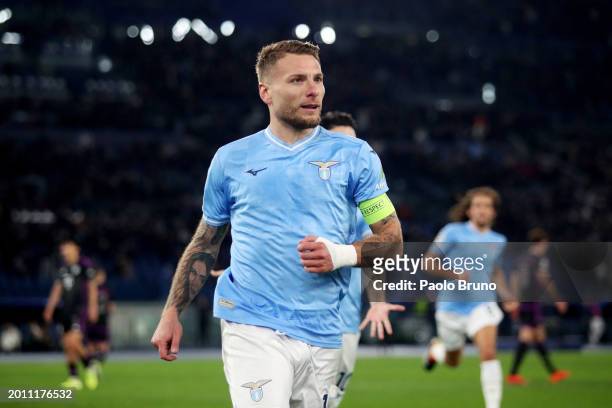 Ciro Immobile of SS Lazio celebrates after scoring his team's first goal from the penalty-spot during the UEFA Champions League 2023/24 round of 16...