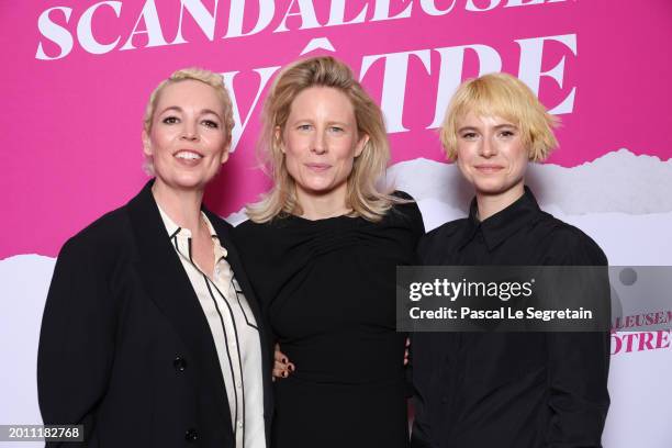 Olivia Colman, Thea Sharrock and Jessie Buckley attend the "Wicked Little Letters - Scandaleusement Votre" Paris Premiere At Drugstore Publicis...