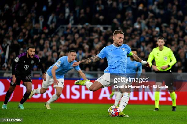 Ciro Immobile of SS Lazio scores a opening goal a penalty during the UEFA Champions League 2023/24 round of 16 first leg match between SS Lazio and...