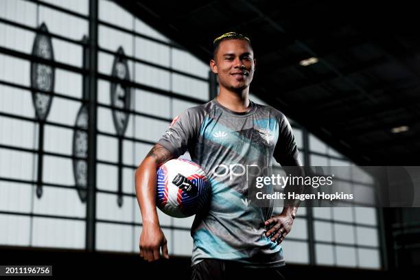 Youstin Salas poses during a Wellington Phoenix A-League Player Signing Announcement & Training Session at NZCIS on February 15, 2024 in Wellington,...