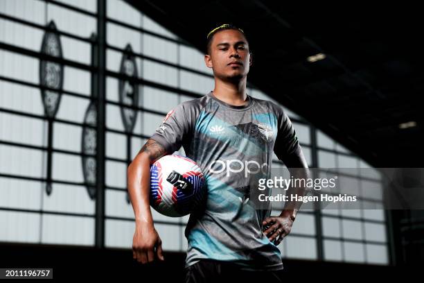 Youstin Salas poses during a Wellington Phoenix A-League Player Signing Announcement & Training Session at NZCIS on February 15, 2024 in Wellington,...