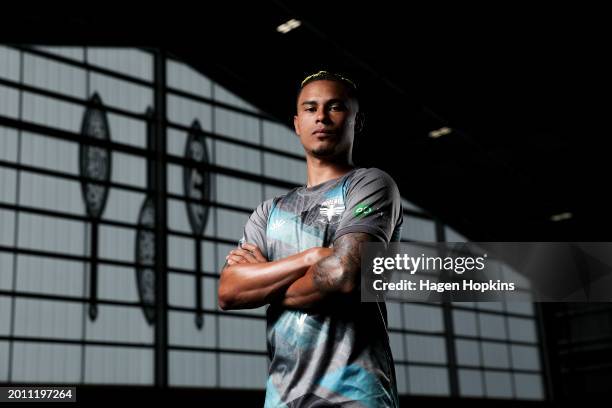 Youstin Salas poses during a Wellington Phoenix A-League Player Signing Announcement & Training Session at NZCIS on February 15, 2024 in Wellington,...