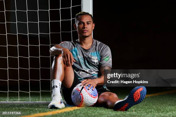 Youstin Salas poses during a Wellington Phoenix A-League Player Signing Announcement & Training Session at NZCIS on February 15, 2024 in Wellington,...