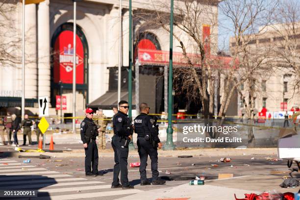 Law enforcement respond to a shooting at Union Station during the Kansas City Chiefs Super Bowl LVIII victory parade on February 14, 2024 in Kansas...