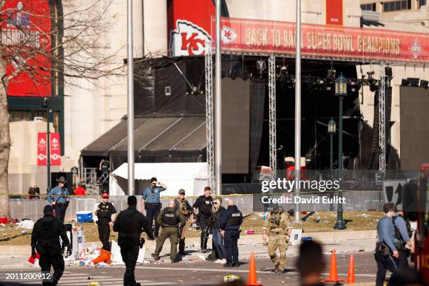 Law enforcement respond to a shooting at Union Station during the Kansas City Chiefs Super Bowl LVIII victory parade on February 14, 2024 in Kansas...