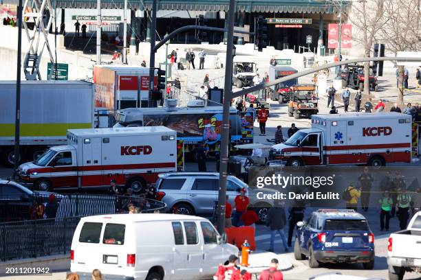 Law enforcement and medical personnel respond to a shooting at Union Station during the Kansas City Chiefs Super Bowl LVIII victory parade on...