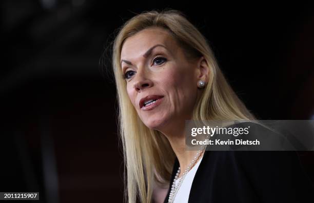 Rep. Beth Van Duyne speaks at a press conference on border security at the U.S. Capitol on February 14, 2024 in Washington, DC. Van Duyne spoke on...