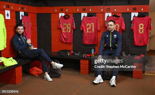 Longford , Ireland - 17 February 2024; Dean George, right, and Adam Wixted of Longford Town in their dressing room before the SSE Airtricity Men's...