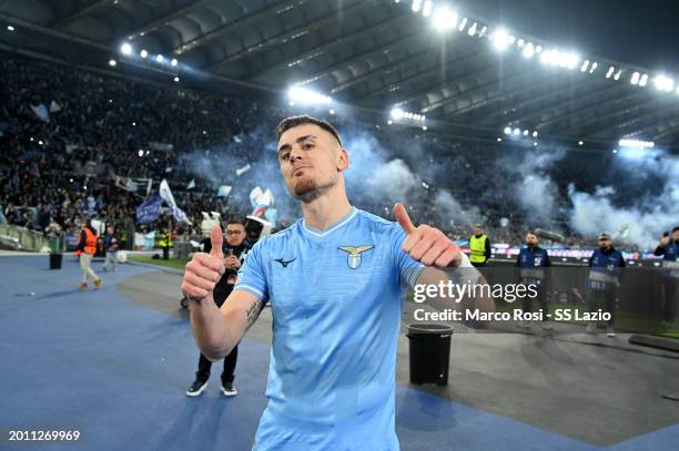 Patric of SS Lazio celebrates a victory after the UEFA Champions League 2023/24 round of 16 first leg match between SS Lazio and FC Bayern München at...