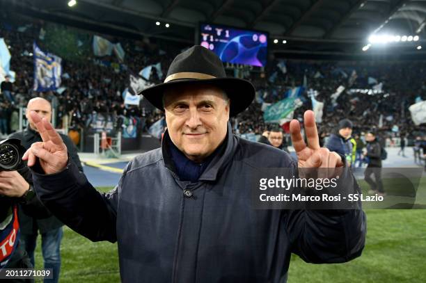 Lazio President Claudio Lotito celebrates a victory after the UEFA Champions League 2023/24 round of 16 first leg match between SS Lazio and FC...