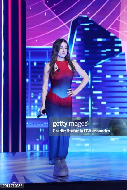 Angelina Mango attends the "Stasera C'è Cattelan" TV Show on February 14, 2024 in Milan, Italy.