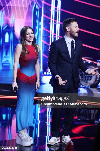 Angelina Mango and Alessandro Cattelan attend the "Stasera C'è Cattelan" TV Show on February 14, 2024 in Milan, Italy.