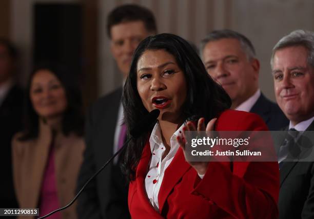 San Francisco Mayor London Breed speaks during a "Winter of Love" ceremony at San Francisco City Hall on February 14, 2024 in San Francisco,...