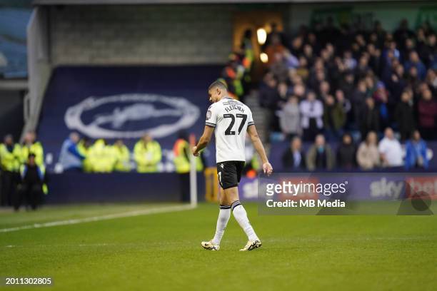 Ashley Fletcher of Sheffield Wednesday leaving the pitch after being shown a red card during the Sky Bet Championship match between Millwall and...