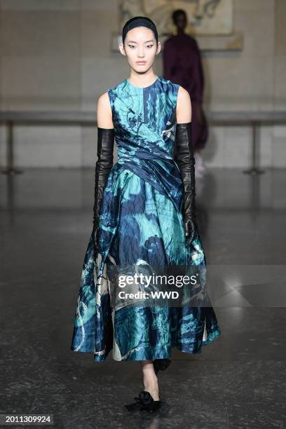 Model on the runway at Erdem RTW Fall 2024 as part of London Ready to Wear Fashion Week held at The British Museum on February 17, 2024 in London,...