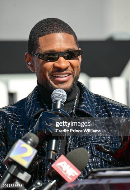 Usher speaks during The Black Music And Entertainment Walk Of Fame Honors Usher at Black Music and Entertainment Walk of Fame on February 14, 2024 in...