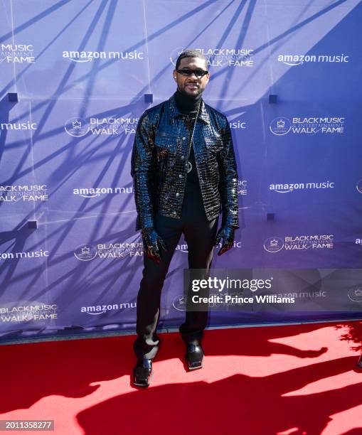 Usher attends The Black Music And Entertainment Walk Of Fame Honors Usher at Black Music and Entertainment Walk of Fame on February 14, 2024 in...