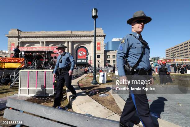 Law enforcement responds to a shooting at Union Station during the Kansas City Chiefs Super Bowl LVIII victory parade on February 14, 2024 in Kansas...