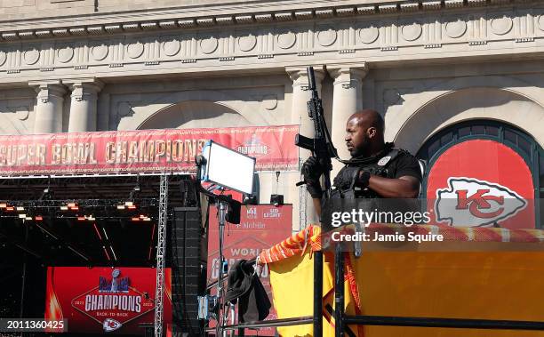 Law enforcement responds to a shooting at Union Station during the Kansas City Chiefs Super Bowl LVIII victory parade on February 14, 2024 in Kansas...