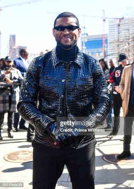 Usher attends The Black Music And Entertainment Walk Of Fame Honors Usher at Black Music and Entertainment Walk of Fame on February 14, 2024 in...