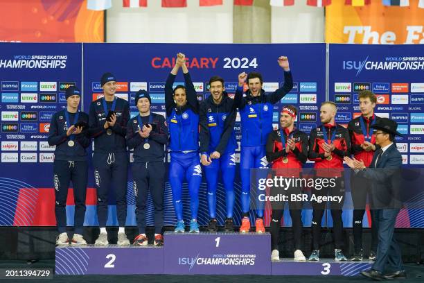 Team Norway, Team Italy, Team Canada competing podium Team Pursuit Men during the ISU World Speed Skating Single Distances Championships at Olympic...