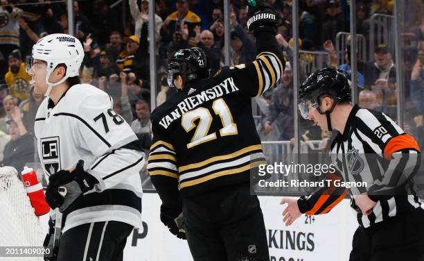 James van Riemsdyk of the Boston Bruins scores his first of two goals during the first period against the Los Angeles Kings at the TD Garden on...