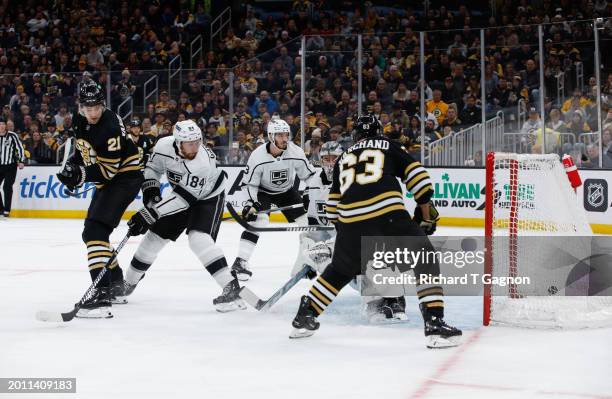 James van Riemsdyk of the Boston Bruins scores his second of two goals during the first period against the Los Angeles Kings at the TD Garden on...