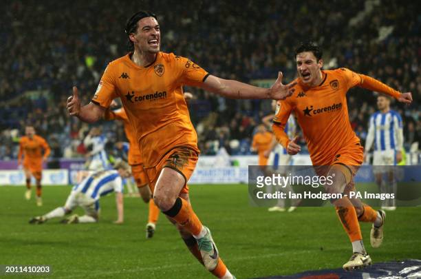 Hull City's Jacob Greaves celebrates scoring the winner against Huddersfield Town during the Sky Bet Championship match at the John Smith's Stadium,...