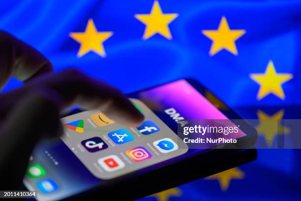 App icons of online platforms Google, Facebook, LinkedIn, Amazon, Apple Store, and TikTok are being displayed on a smartphone with the EU Digital...