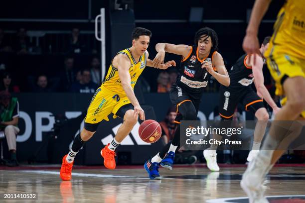 Matteo Spagnolo from ALBA Berlin and Pacome Dadiet from Ratiopharm Ulm during the semi-final match between ALBA Berlin and Ratiopharm Ulm on in...
